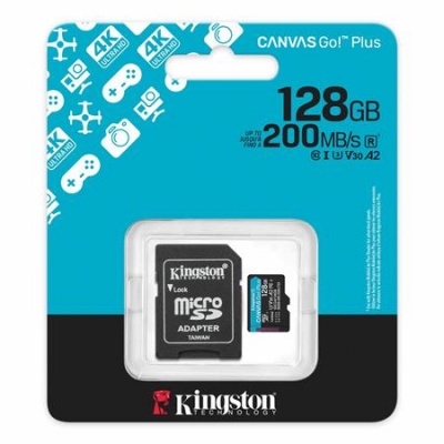 Memóriakártya, microSDXC, 128GB, C10/UHS-I/U3/V30/A2, Gen4, adapter, KINGSTON "Canvas Go! Plus"
